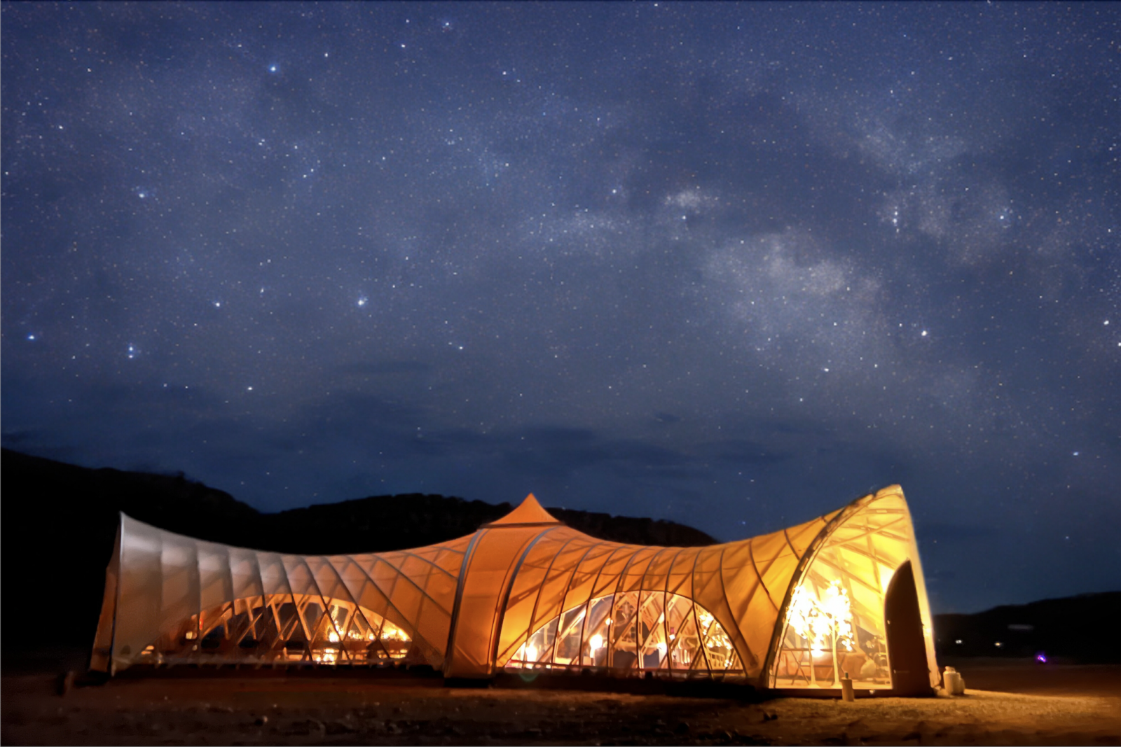 STROHBOID pavilion at night in Colorado