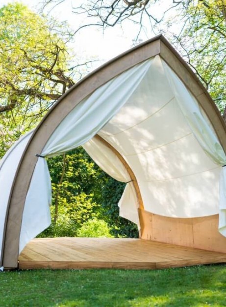 Strohboid lounge pavilion with sustainable yoga tent room