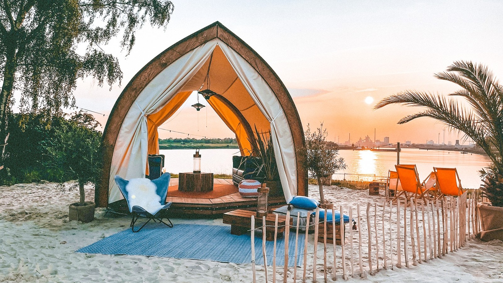 Luxury glamping lounge on the beach as beach bar